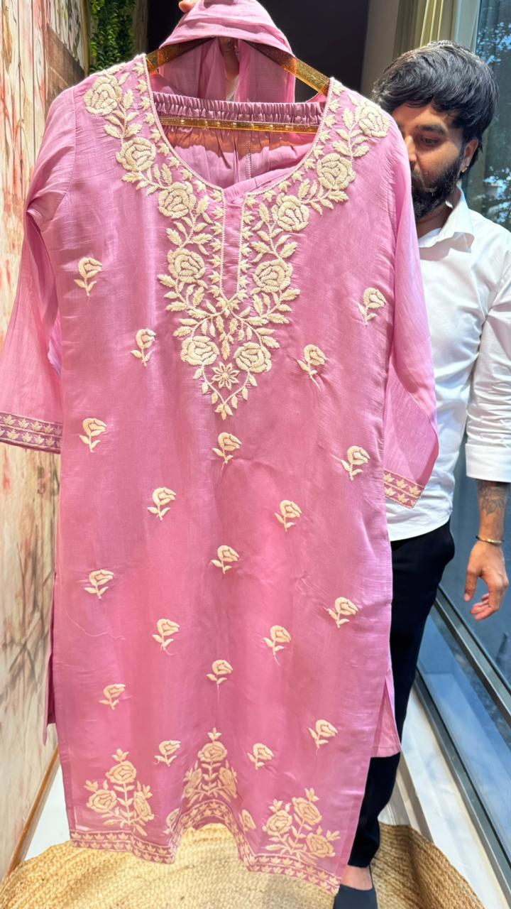 Beautiful Pink Fine Floral Chikankari Look Embroidery Mul-Chanderi Full Suit Set With Dupatta- 15922