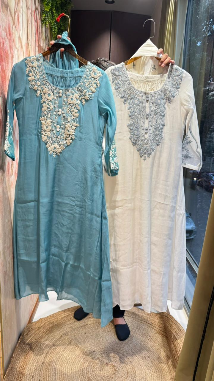 Fine Floral Chikankari Look Embroidery Mul-Chanderi Full Suit Set With Dupatta- 16125