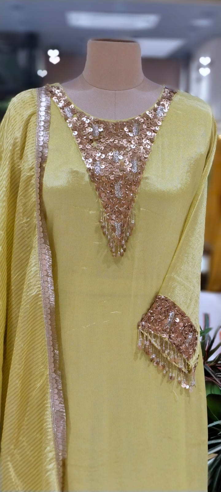 Heavy Shiny Sequin Embelishment Yoke & Sleeve Tissue Full Suit Set With Dupatta- 16129