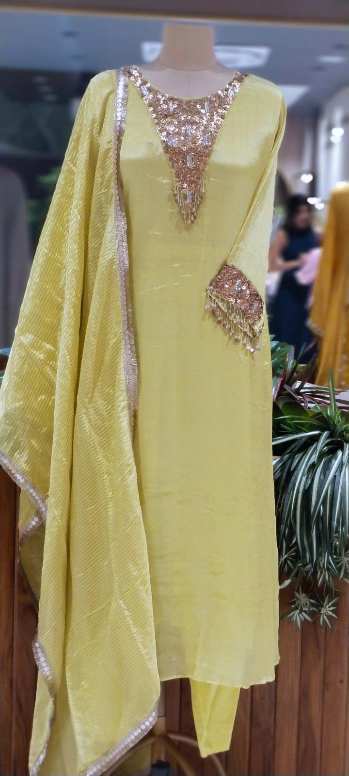 Heavy Shiny Sequin Embelishment Yoke & Sleeve Tissue Full Suit Set With Dupatta- 16129