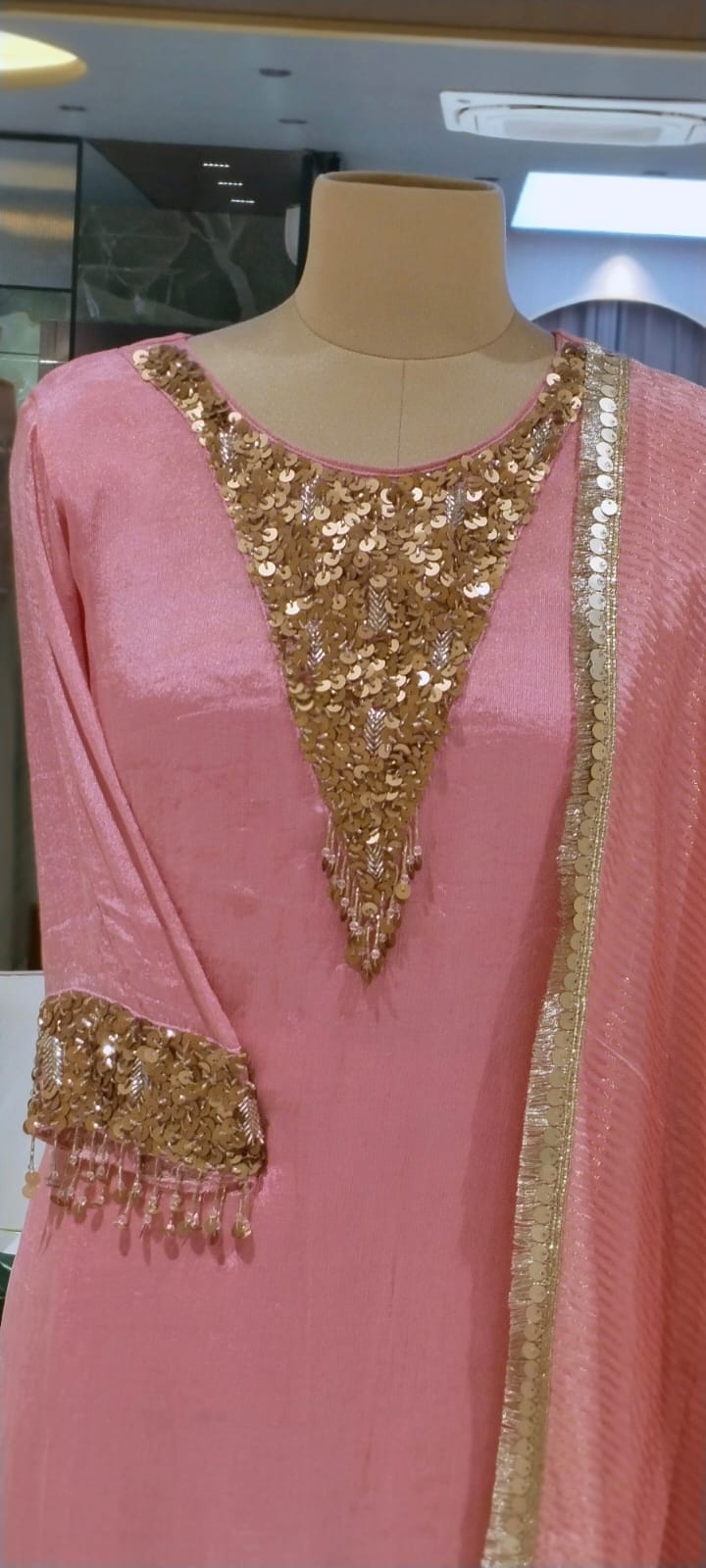Heavy Shiny Sequin Embelishment Yoke & Sleeve Tissue Full Suit Set With Dupatta- 16129