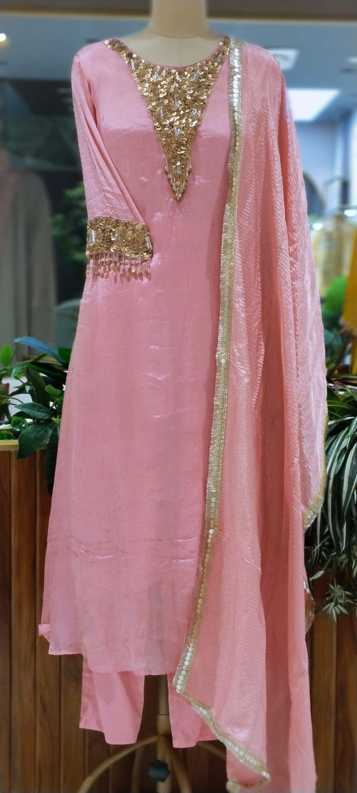 Heavy Shiny Sequin Embelishment Yoke & Sleeve Tissue Full Suit Set With Dupatta- 16129