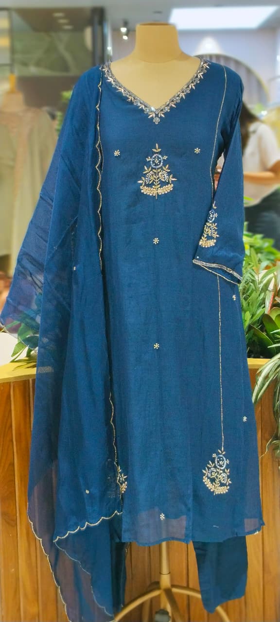Solid Vibrant Color Palette Intricate Embroidery A-Line Mul-Chanderi Full Suit Set With Dupatta-16222