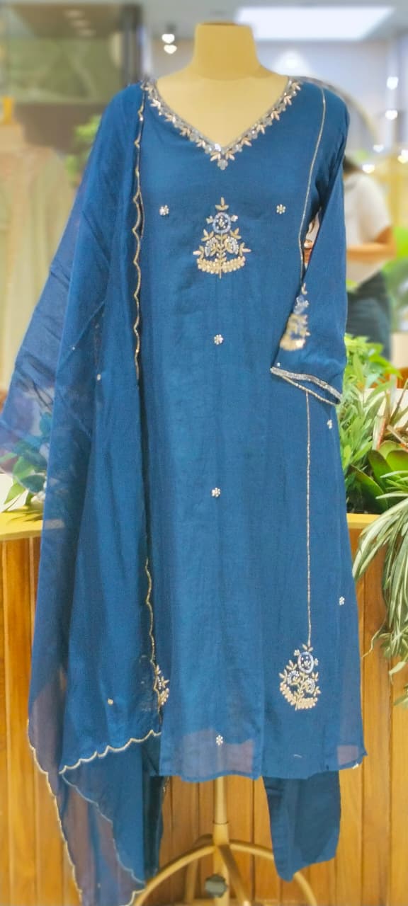 Solid Vibrant Color Palette Intricate Embroidery A-Line Mul-Chanderi Full Suit Set With Dupatta-16222