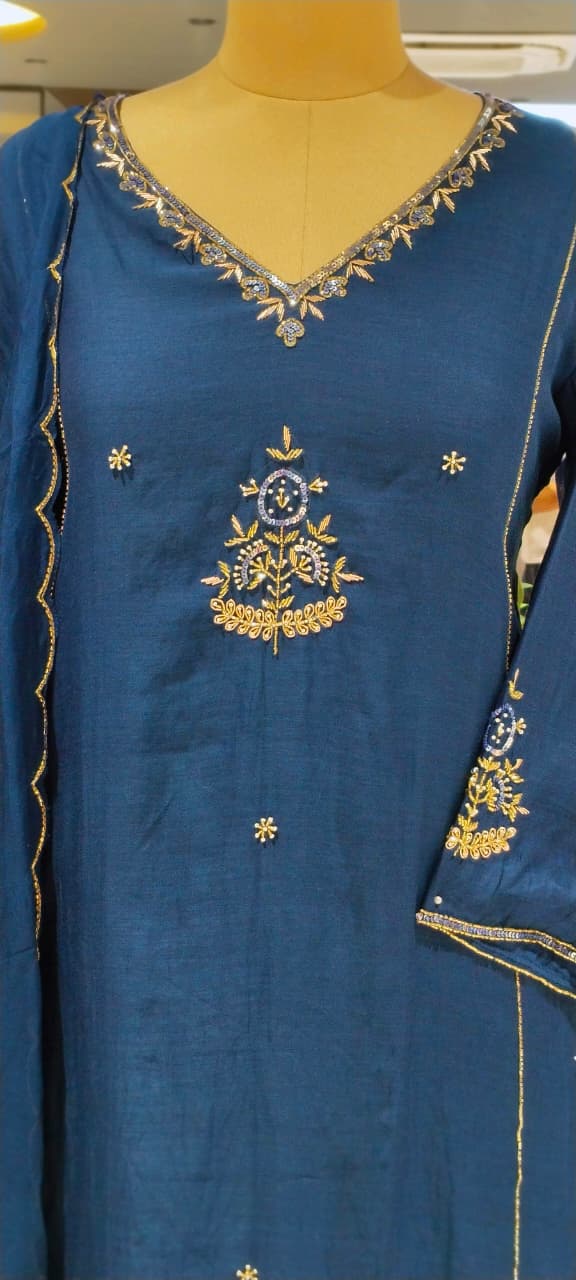 Solid Vibrant Color Palette Intricate Embroidery A-Line Mul-Chanderi Full Suit Set With Dupatta-16222