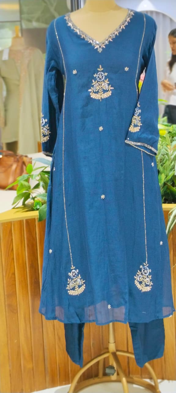 Solid Vibrant Color Palette Intricate Embroidery A-Line Mul-Chanderi Full Suit Set With Dupatta-16222
