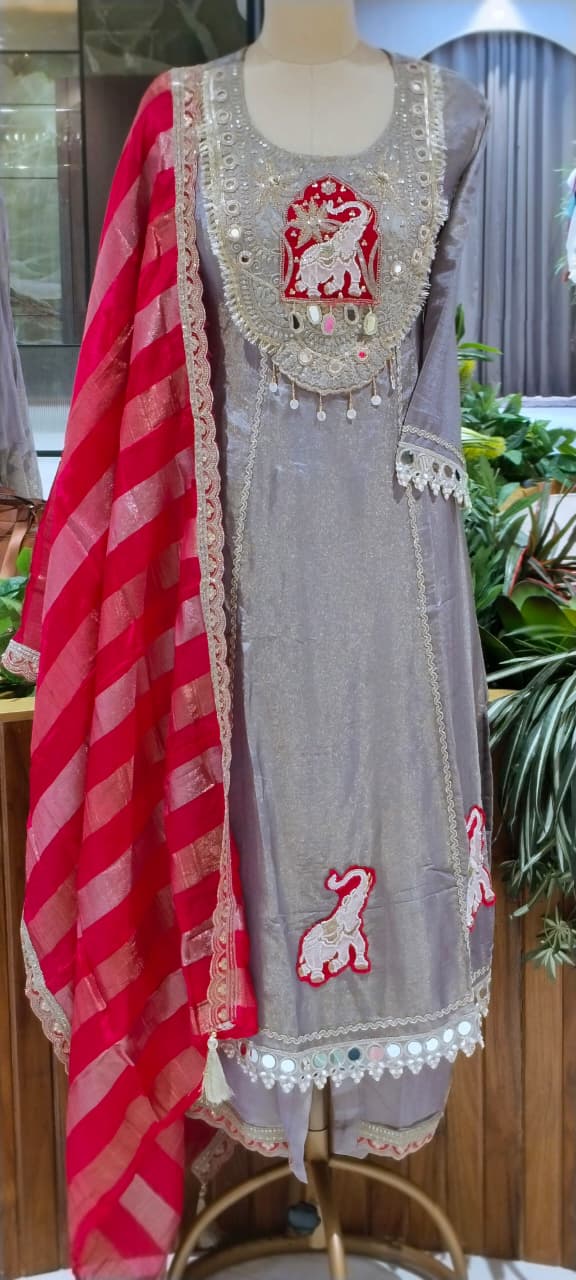 Lotus & Elephant Inspired Graceful Heavy Designer Work Shimmery Tissue A-Line Full Suit Set With Dupatta- 16232
