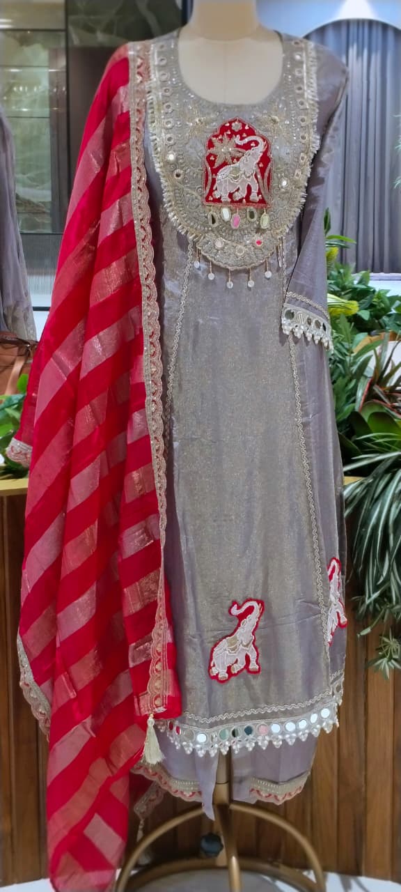 Lotus & Elephant Inspired Graceful Heavy Designer Work Shimmery Tissue A-Line Full Suit Set With Dupatta- 16232