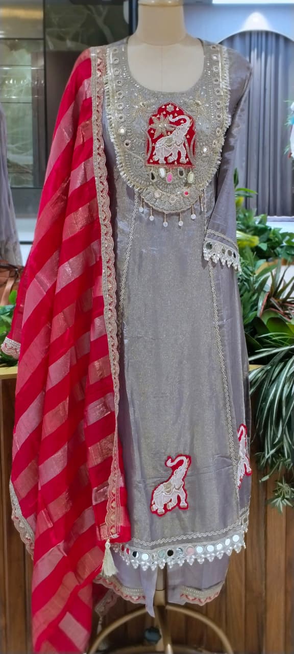 Lotus & Elephant Inspired Graceful Heavy Designer Work Shimmery Tissue A-Line Full Suit Set With Dupatta- 16232