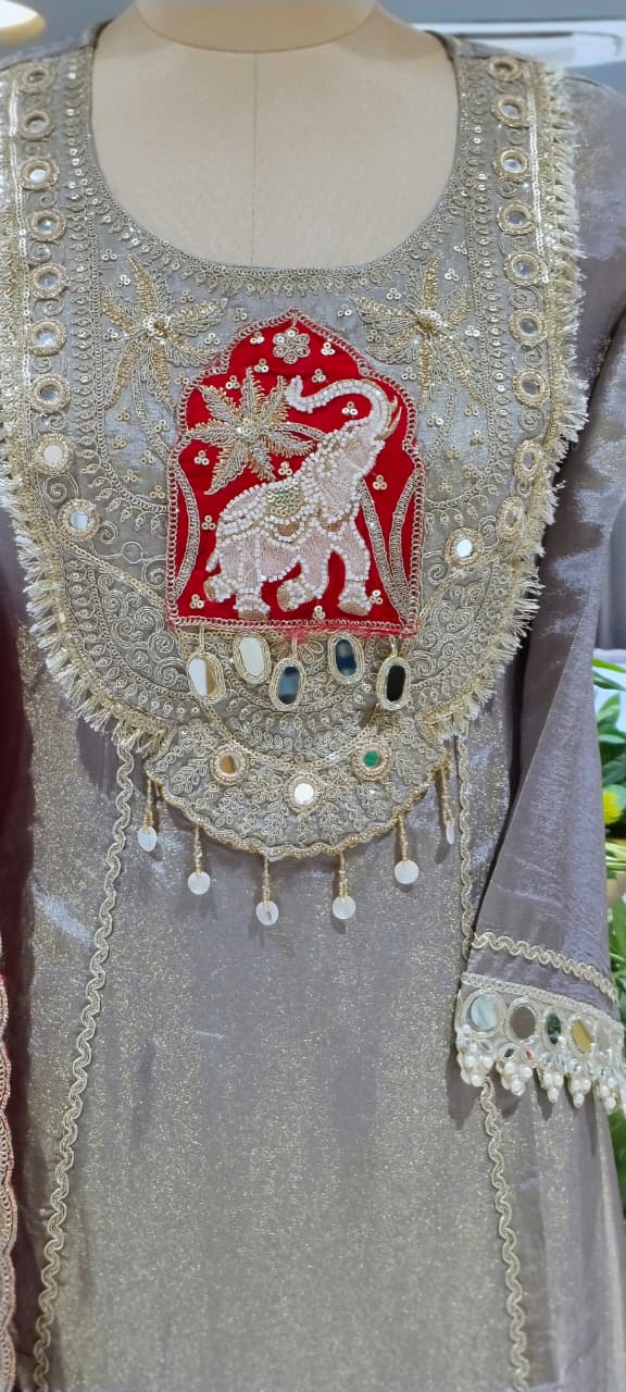 Lotus & Elephant Inspired Graceful Heavy Designer Work Shimmery Tissue A-Line Full Suit Set With Dupatta- 16232