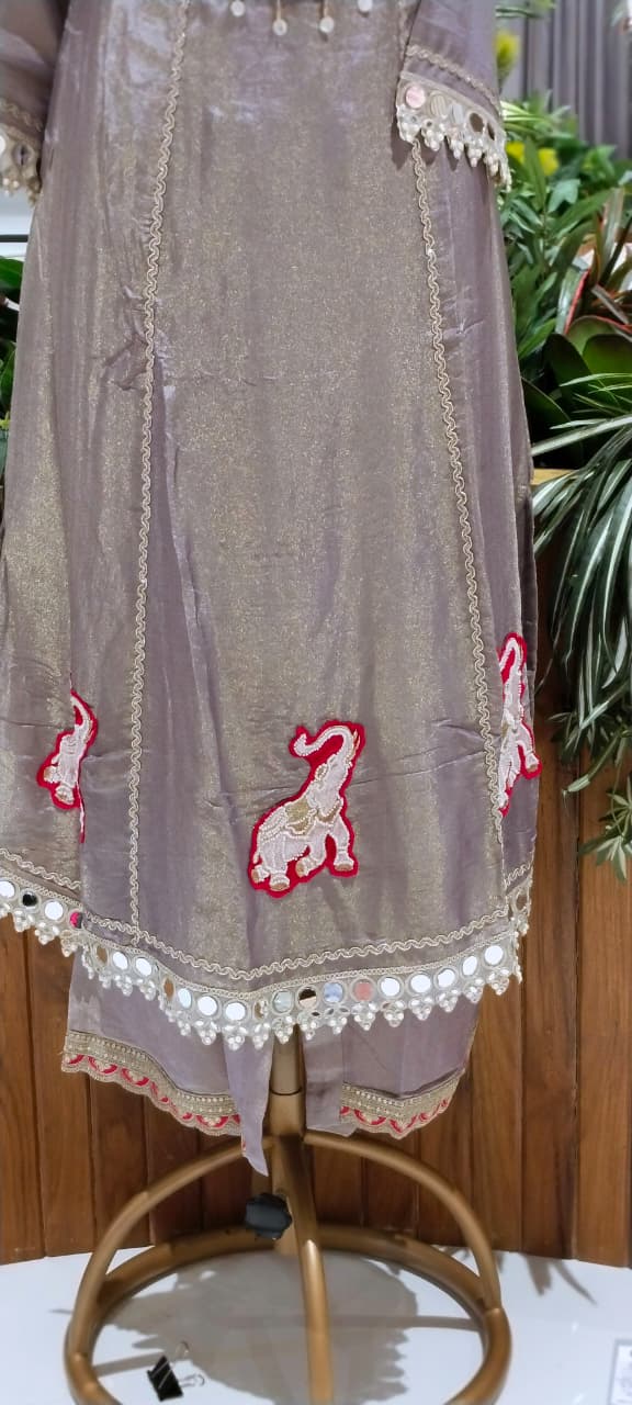 Lotus & Elephant Inspired Graceful Heavy Designer Work Shimmery Tissue A-Line Full Suit Set With Dupatta- 16232