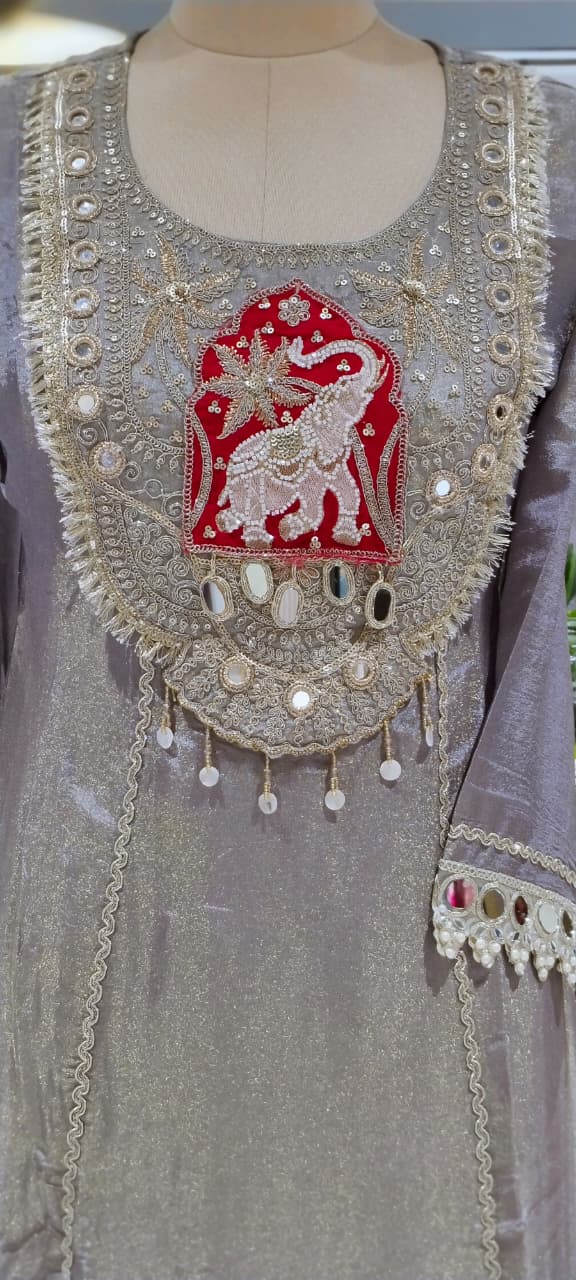 Lotus & Elephant Inspired Graceful Heavy Designer Work Shimmery Tissue A-Line Full Suit Set With Dupatta- 16232