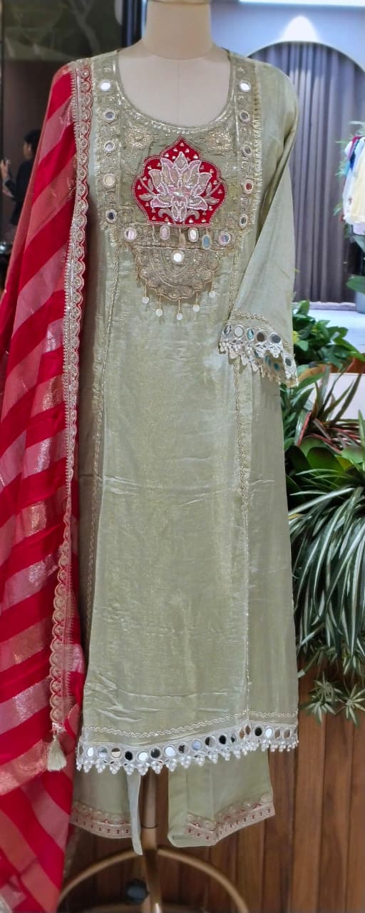 Lotus & Elephant Inspired Graceful Heavy Designer Work Shimmery Tissue A-Line Full Suit Set With Dupatta- 16232