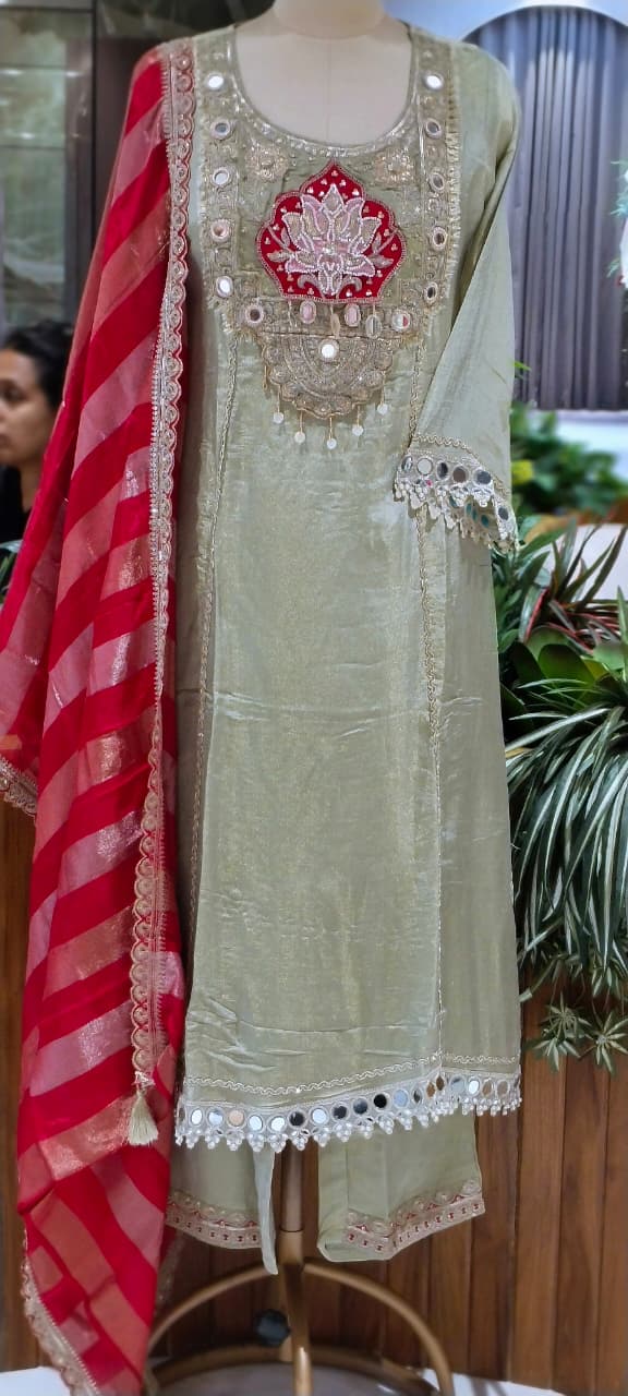 Lotus & Elephant Inspired Graceful Heavy Designer Work Shimmery Tissue A-Line Full Suit Set With Dupatta- 16232