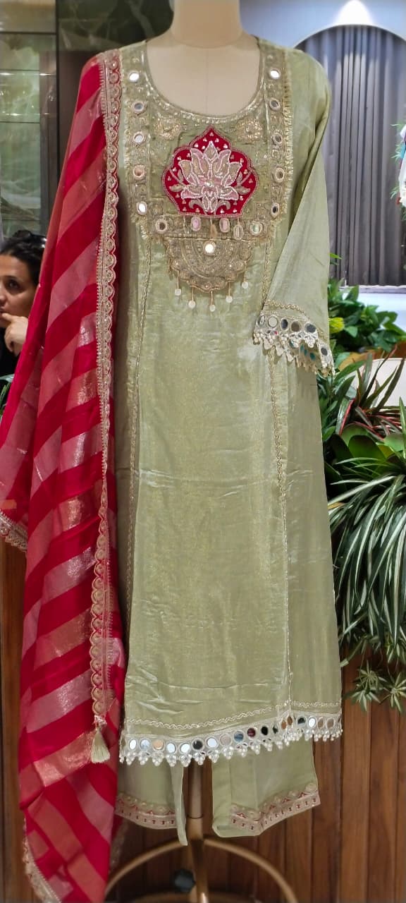 Lotus & Elephant Inspired Graceful Heavy Designer Work Shimmery Tissue A-Line Full Suit Set With Dupatta- 16232