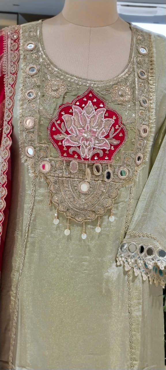 Lotus & Elephant Inspired Graceful Heavy Designer Work Shimmery Tissue A-Line Full Suit Set With Dupatta- 16232