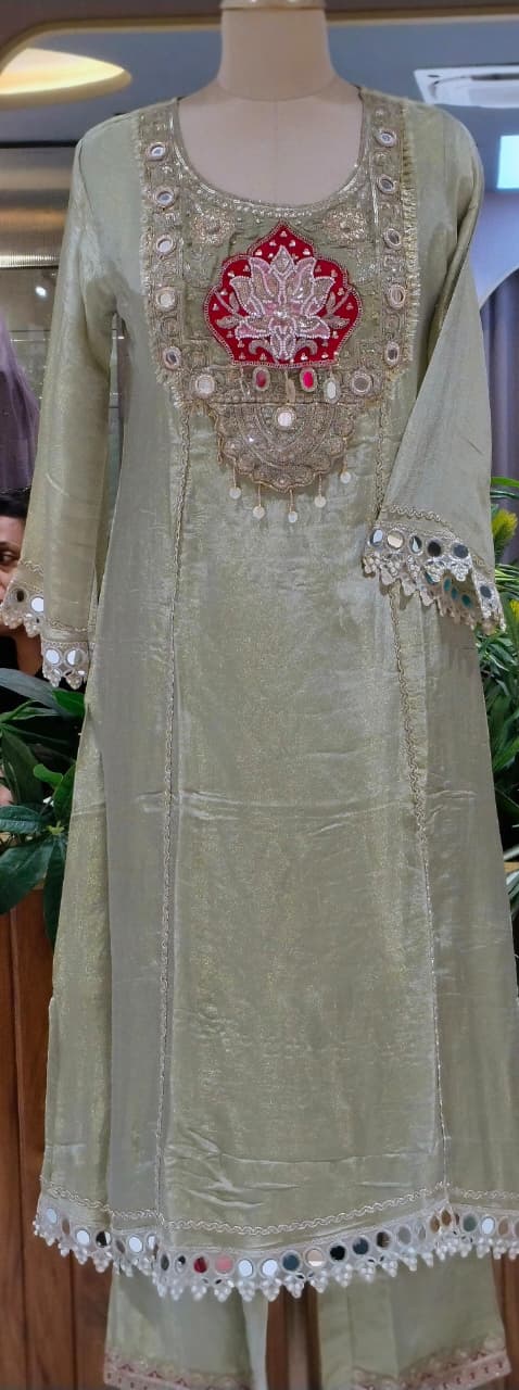 Lotus & Elephant Inspired Graceful Heavy Designer Work Shimmery Tissue A-Line Full Suit Set With Dupatta- 16232
