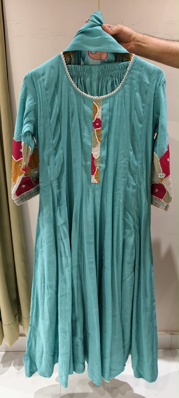 Vibrant Minimal Highlights Embroidered Banarasi Mul-Chanderi A-Line Full Suit Set With Dupatta- 16240