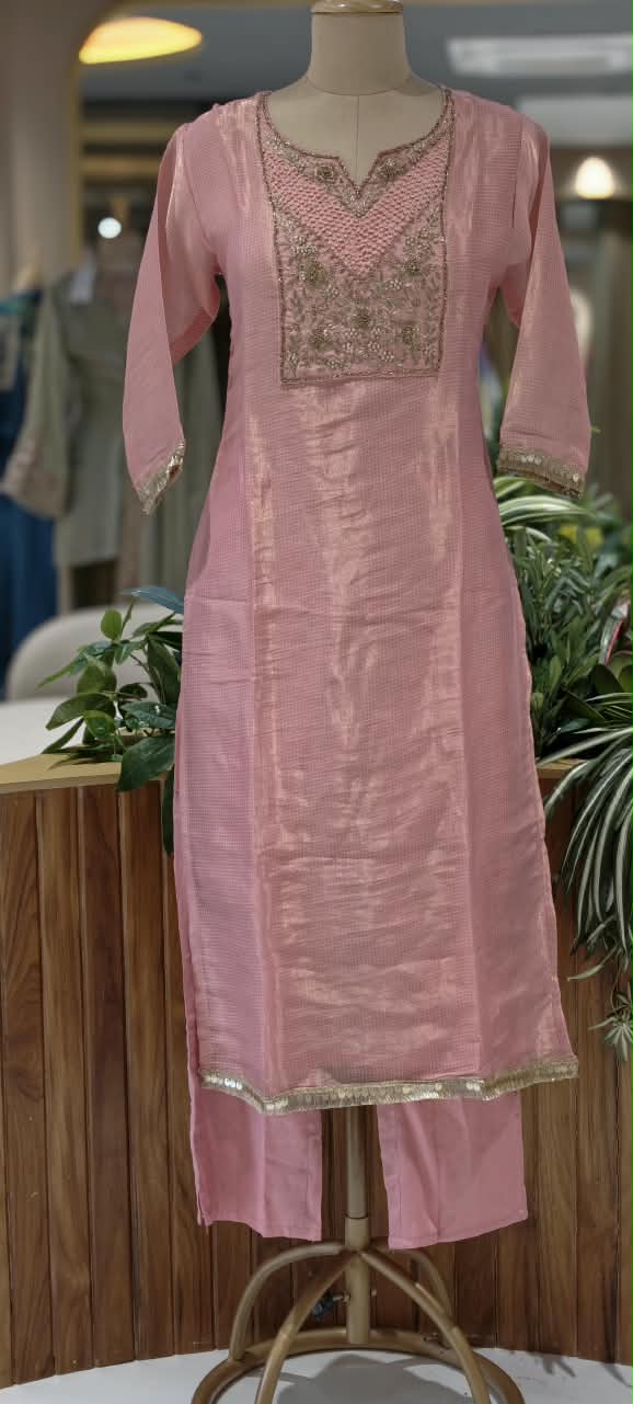 Blush Kota Tissue Checks Elegant Yoke Embroidery Staright Full Suit Set With Dupatta- 16244