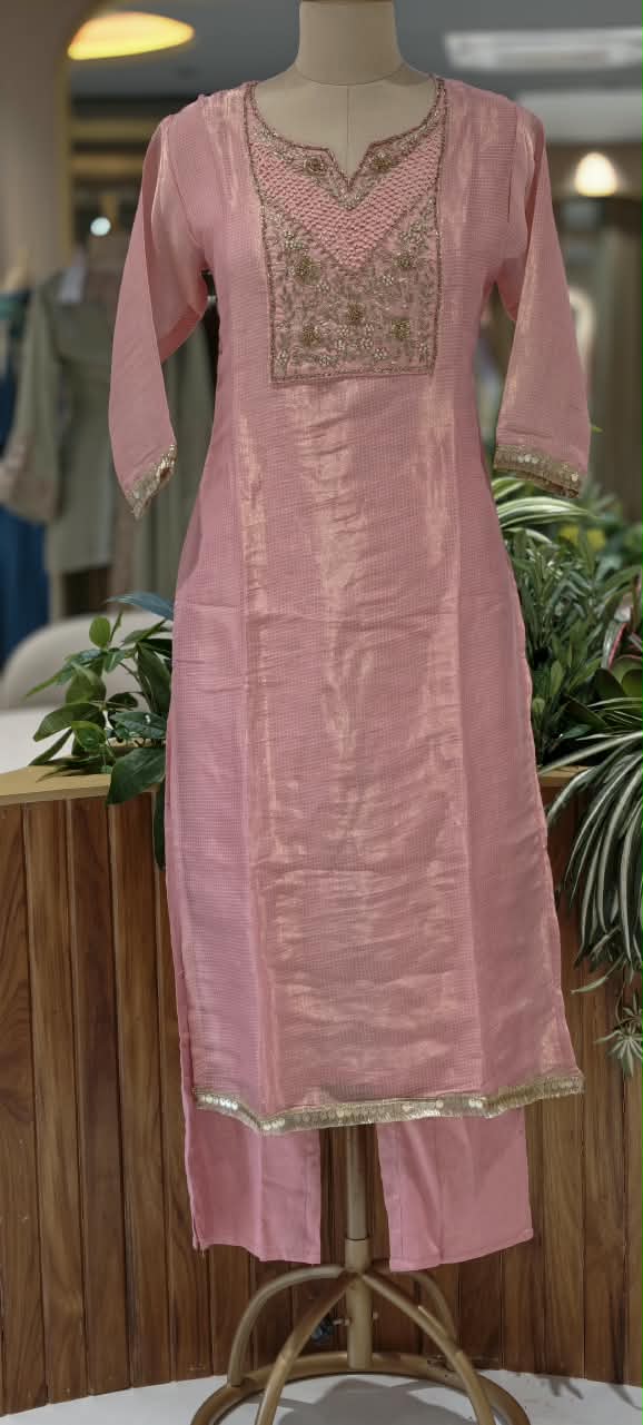 Blush Kota Tissue Checks Elegant Yoke Embroidery Staright Full Suit Set With Dupatta- 16244