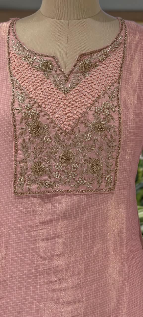 Blush Kota Tissue Checks Elegant Yoke Embroidery Staright Full Suit Set With Dupatta- 16244