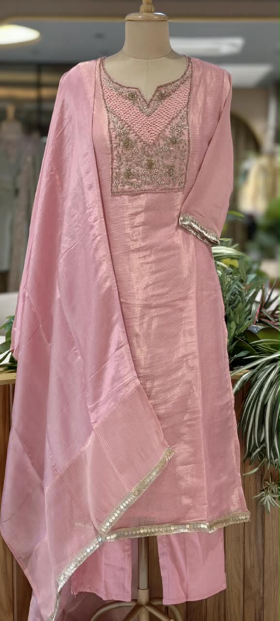 Blush Kota Tissue Checks Elegant Yoke Embroidery Staright Full Suit Set With Dupatta- 16244
