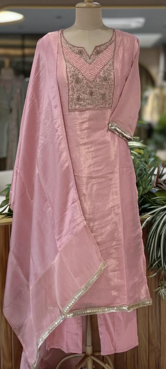 Blush Kota Tissue Checks Elegant Yoke Embroidery Staright Full Suit Set With Dupatta- 16244