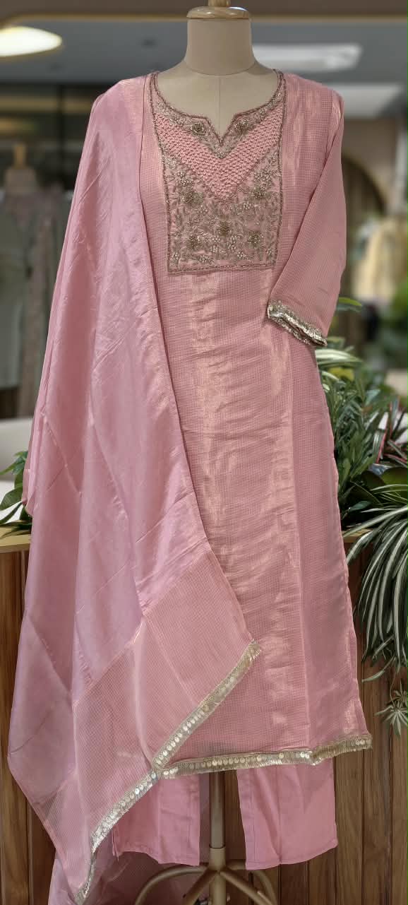 Blush Kota Tissue Checks Elegant Yoke Embroidery Staright Full Suit Set With Dupatta- 16244
