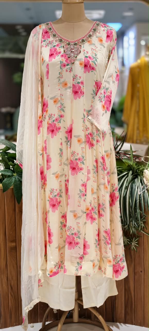 Spring Floral Minimal Embroidered Neckline Chinon Panel Anarkali Full Suit Set With Dupatta- 16224