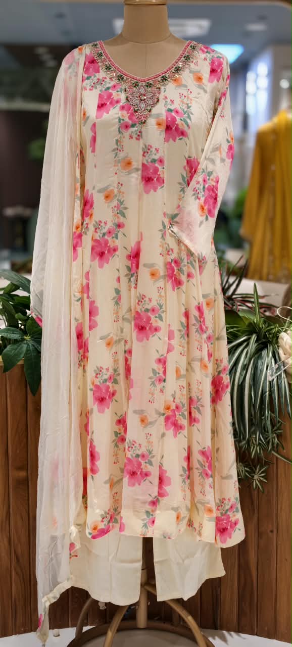 Spring Floral Minimal Embroidered Neckline Chinon Panel Anarkali Full Suit Set With Dupatta- 16224