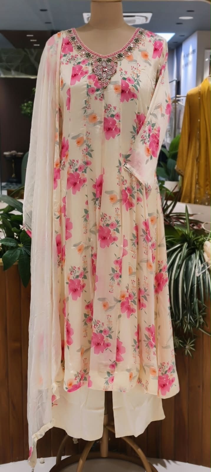 Spring Floral Minimal Embroidered Neckline Chinon Panel Anarkali Full Suit Set With Dupatta- 16224