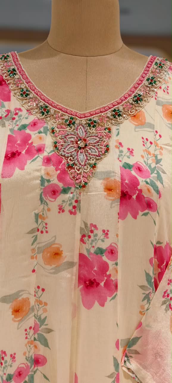 Spring Floral Minimal Embroidered Neckline Chinon Panel Anarkali Full Suit Set With Dupatta- 16224