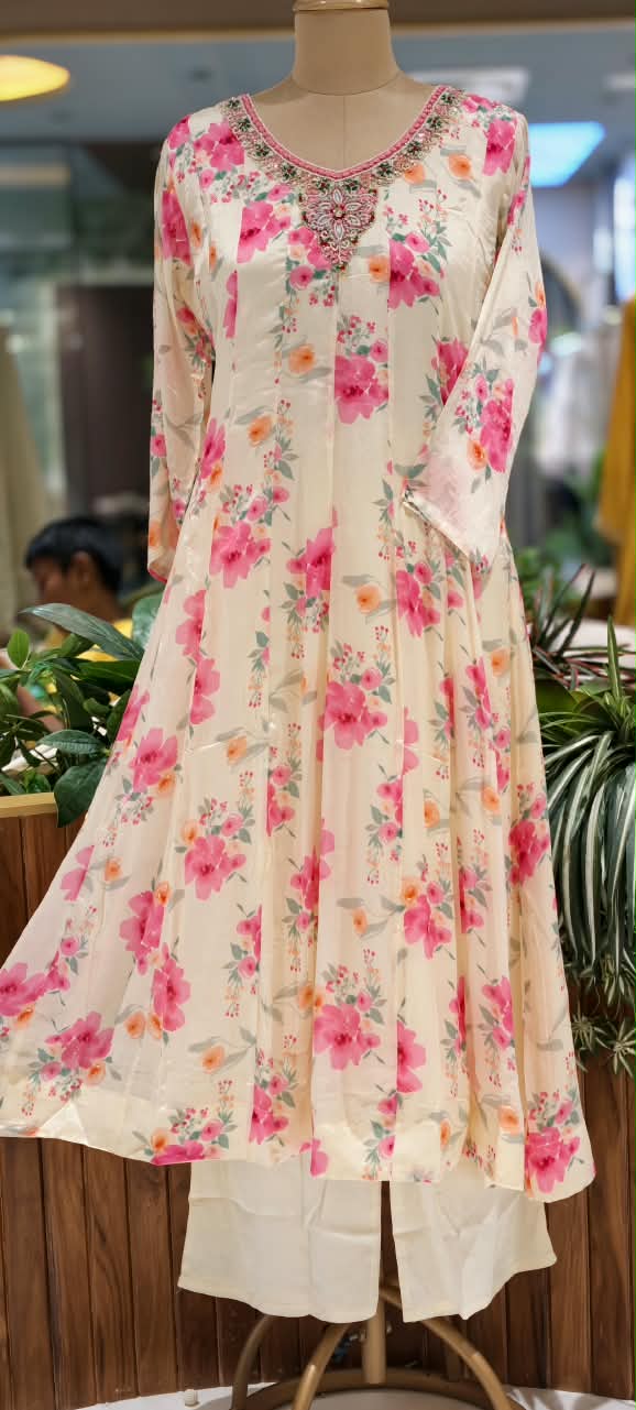 Spring Floral Minimal Embroidered Neckline Chinon Panel Anarkali Full Suit Set With Dupatta- 16224