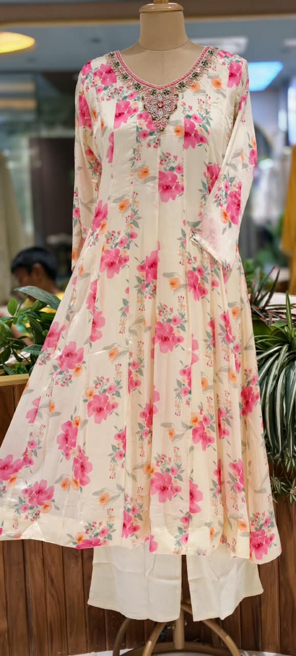 Spring Floral Minimal Embroidered Neckline Chinon Panel Anarkali Full Suit Set With Dupatta- 16224
