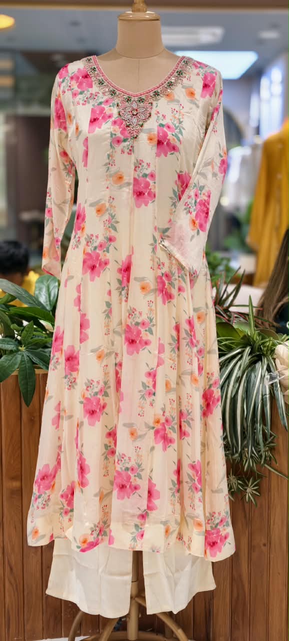 Spring Floral Minimal Embroidered Neckline Chinon Panel Anarkali Full Suit Set With Dupatta- 16224