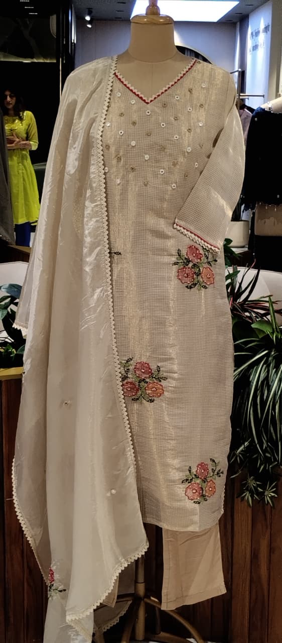 Kota Tissue Intricate Floral Embroidered Checks Shiny Full Suit Set With Dupatta- 16243