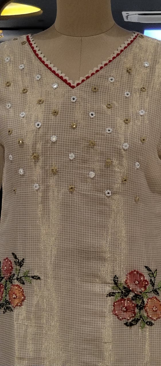 Kota Tissue Intricate Floral Embroidered Checks Shiny Full Suit Set With Dupatta- 16243