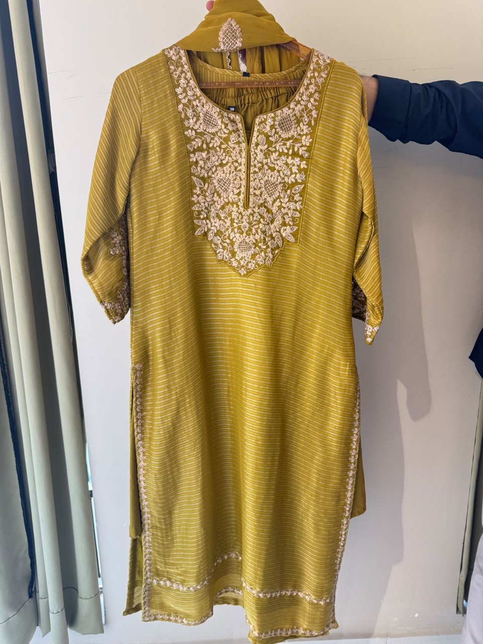 Graceful Mustard Striped Tissue Full Suit Set With Dupatta With Embroidered Yoke- 13058