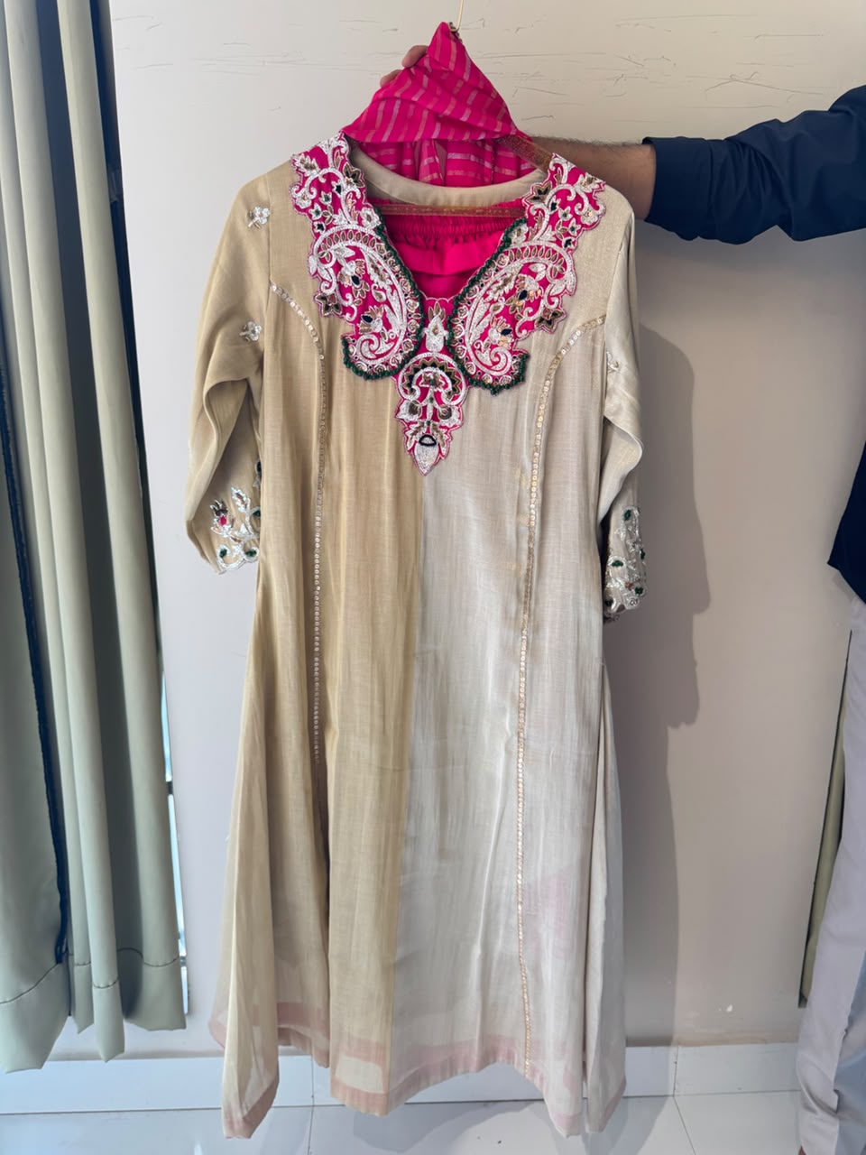 Royal Zardosi Mango Buti Inspired Neckline Tissue A-Line Full Suit Set With Dupatta- 13809