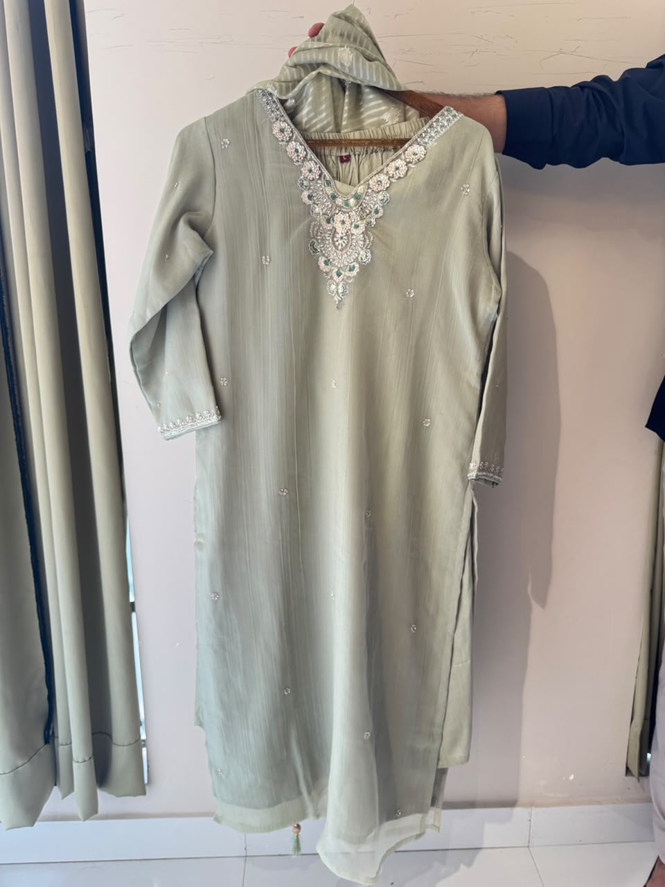 Silver Sequin Embroidered Neckline Tissue Elegance Full Suit Set With Dupatta- 15892