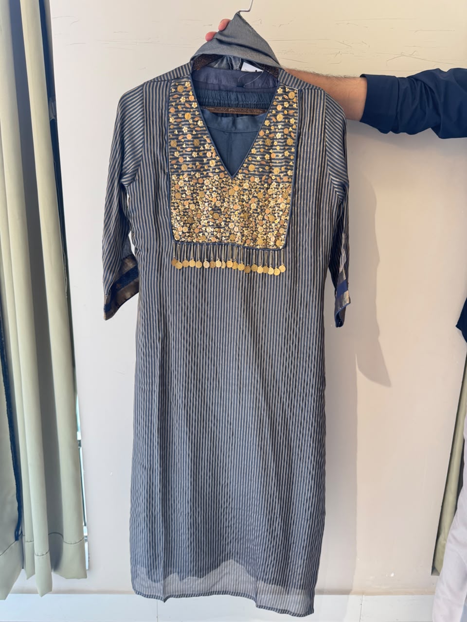 Foil Ensemble Latkan Accent Boxed Yoke Striped Tissue Straight Full Suit Set With Dupatta- 15799