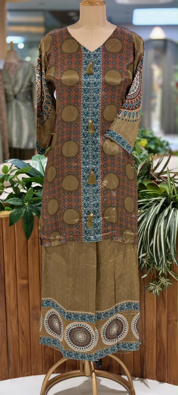 Rust Brown & Olive Polka Dot Printed Kurta Set with Tassel Accent & Coordinating Palazzo Co-Ord Set- 15239