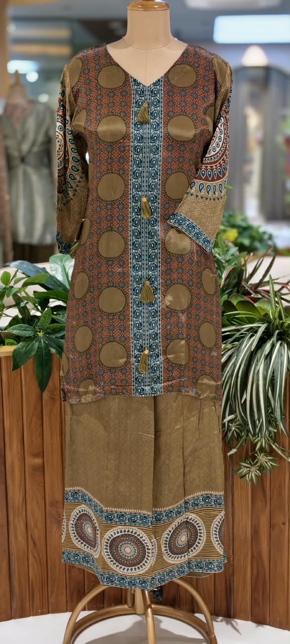 Rust Brown & Olive Polka Dot Printed Kurta Set with Tassel Accent & Coordinating Palazzo Co-Ord Set- 15239