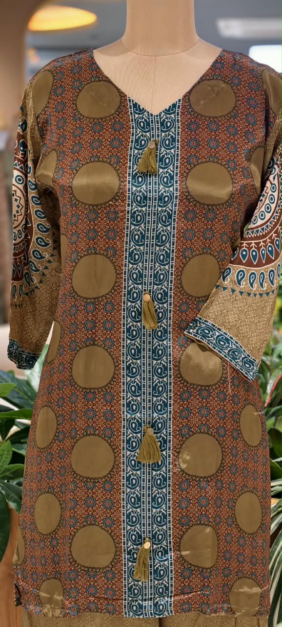 Rust Brown & Olive Polka Dot Printed Kurta Set with Tassel Accent & Coordinating Palazzo Co-Ord Set- 15239