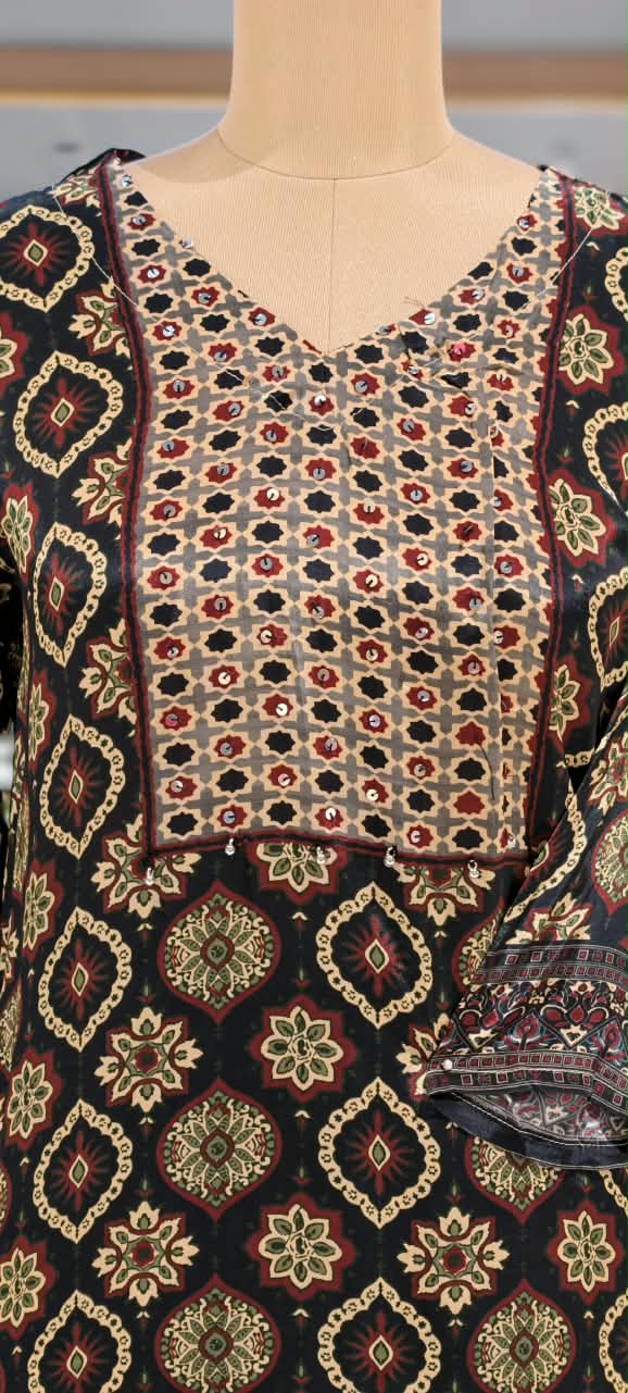 Black & Maroon Geometric Print Kurta with Matching Palazzo Pants Co-Ord Set- 15239