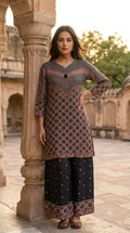 Black & Beige Monochrome Geometric Printed Kurta with V-Neck & Tassel Detail Co-Ord Set- 15239