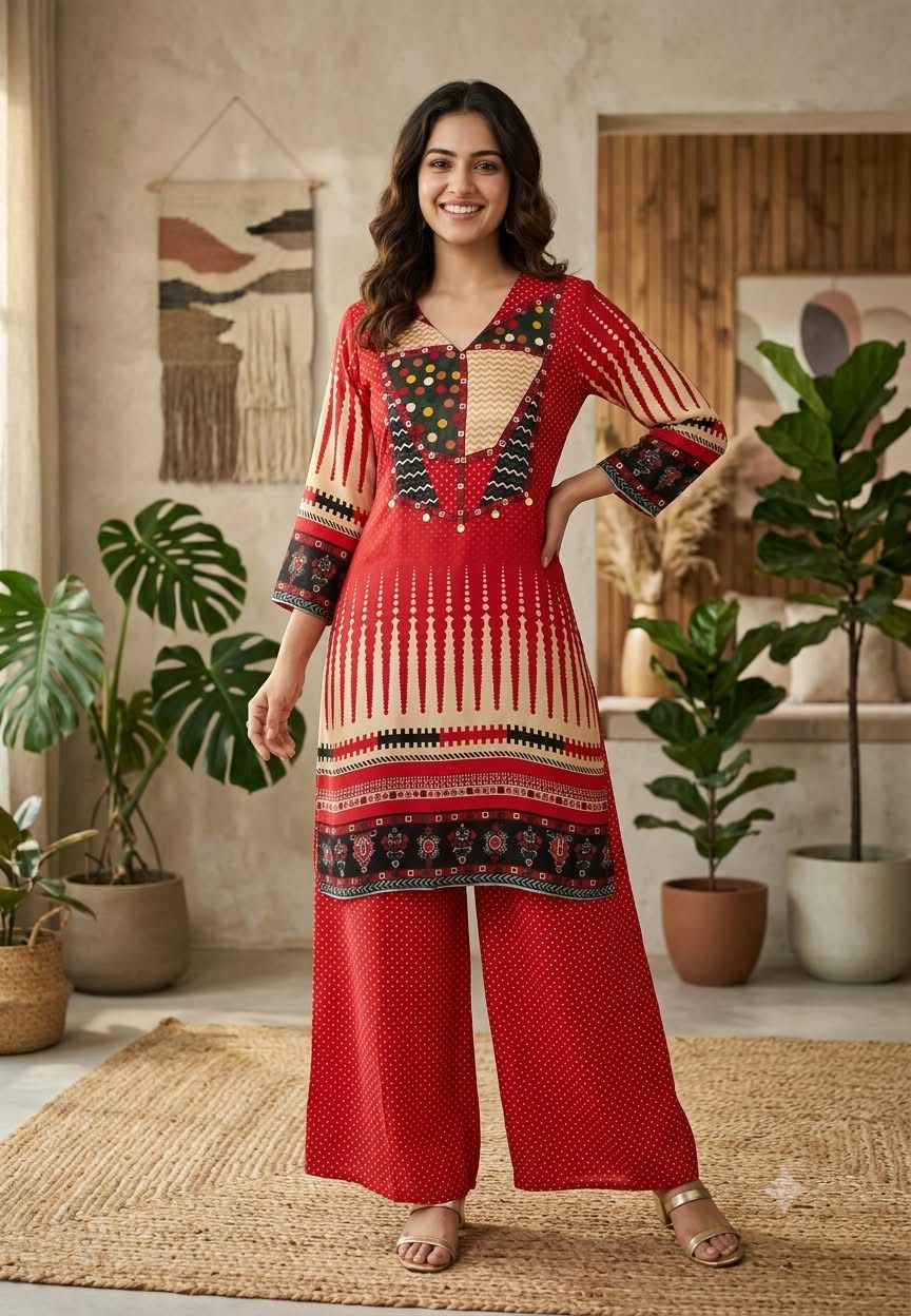 Vibrant Color Polka Dot Printed Kurta with Geometric Patchwork Yoke & Tassels Co-Ord Set- 15377