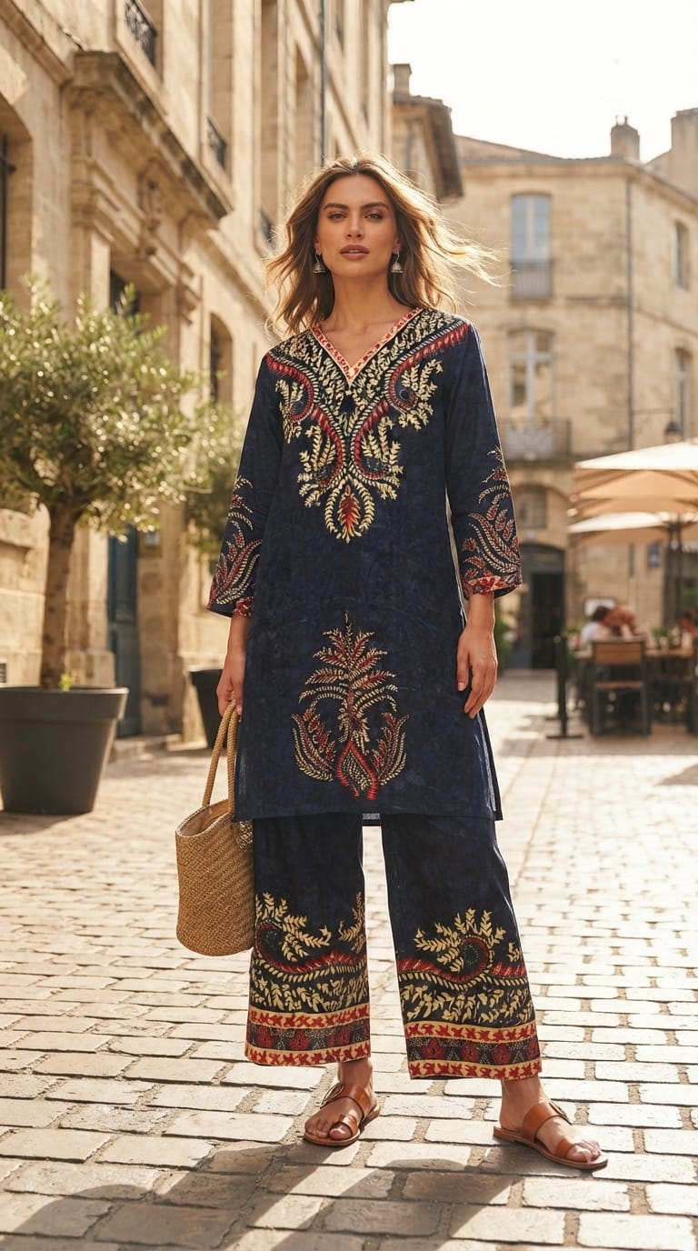 Navy Blue Printed & Embroidered V-Neck Kurta with Tassel & Border Details Co-Ord Set-