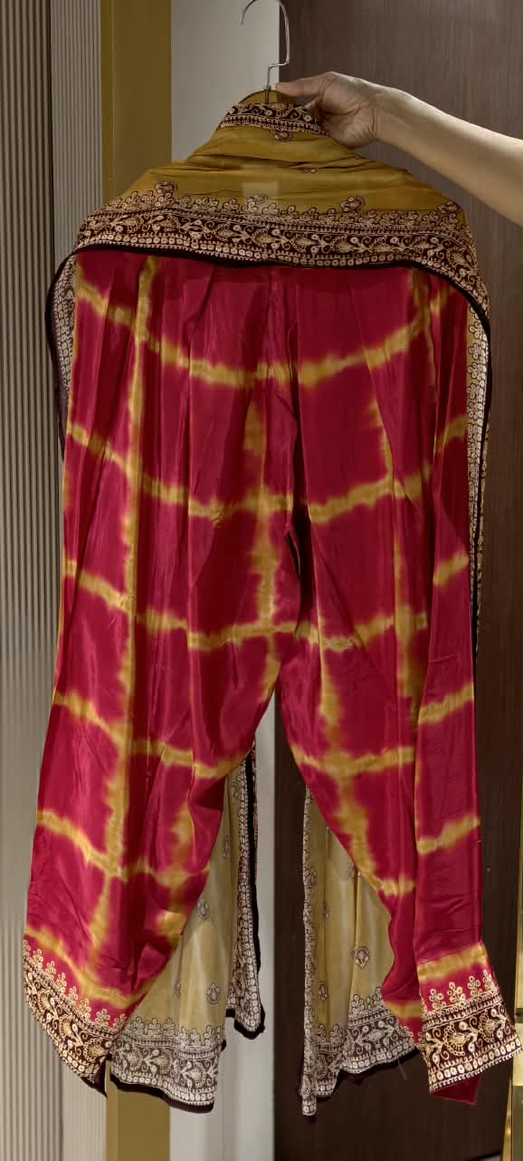 Jaipuri Inspired Pearl Real Mirror Embroidery Tassel Accent Crepe Kurta With Farsi Bottom & Dupatta- 15312