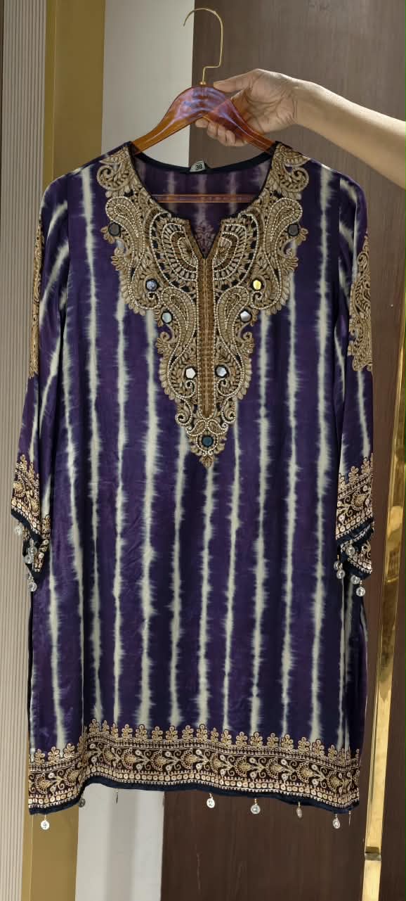Jaipuri Inspired Pearl Real Mirror Embroidery Tassel Accent Crepe Kurta With Farsi Bottom & Dupatta- 15312
